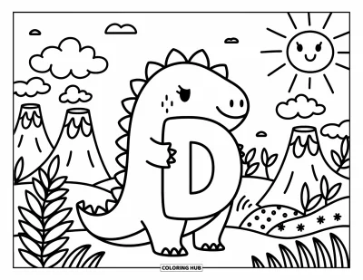 Omalovánka písmene D pro dospělé: Dinosaurus něžně drží písmeno D v útulné scéně s sopkami a sluncem