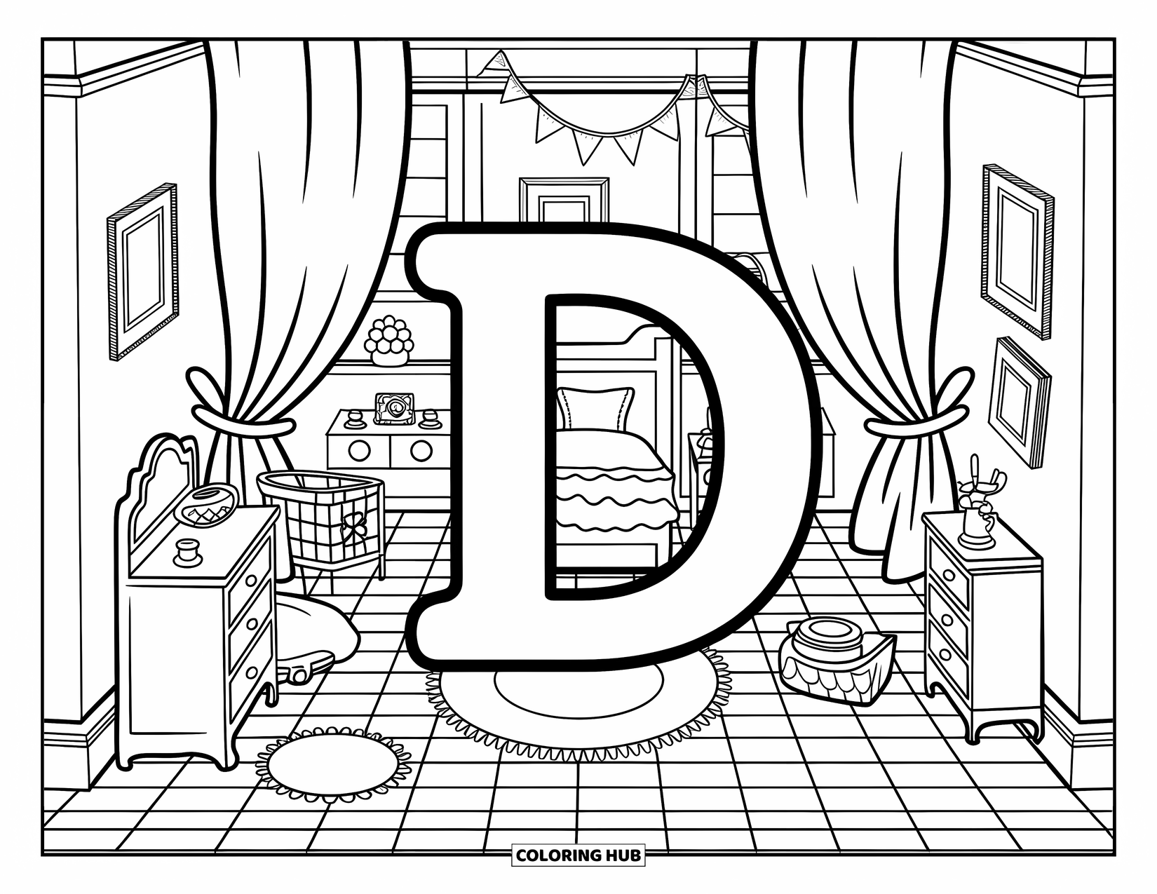 Letter D Coloring Page for Adults: A dollhouse room wraps around a giant D with tiny beds, dressers, and sweet details