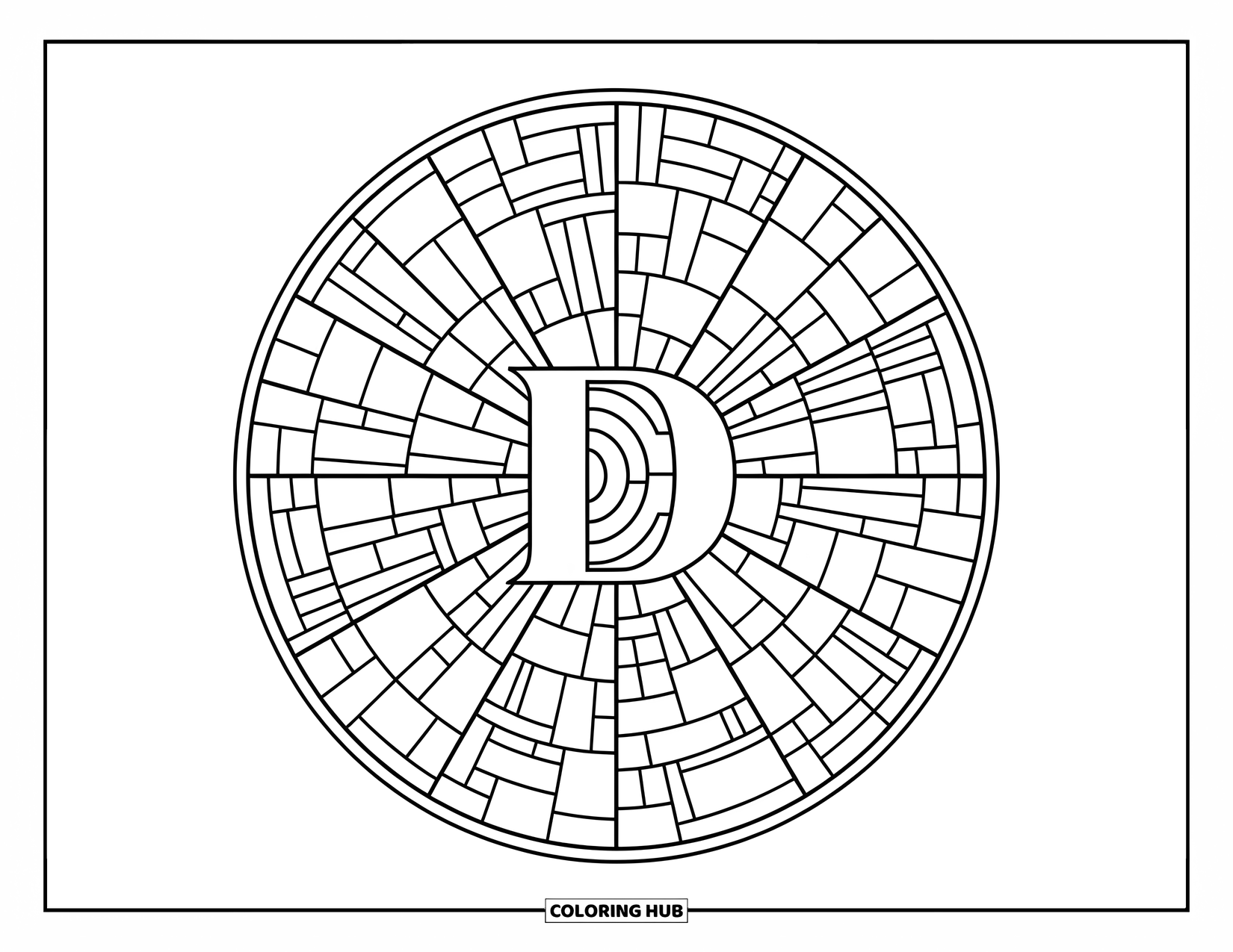 Letter D Coloring Page for Adults: A mosaic of patterns radiates from a bold D in this circular stained glass