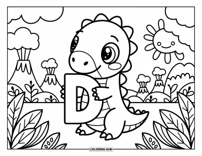 Omalovánka písmene D pro dospělé: Malý dinosaurus objímá písmeno D pod slunečnou oblohou s kouřícími sopkami