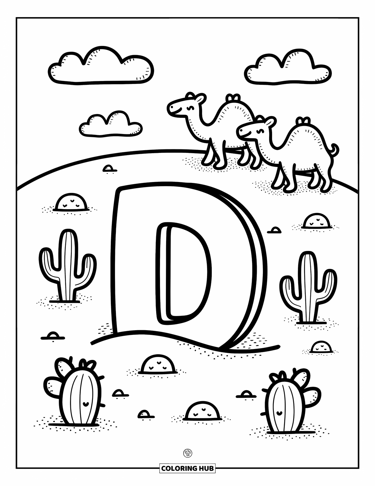 Letter D Coloring Page for Adults: Cacti and two camels surround a D resting quietly in the cozy desert sand