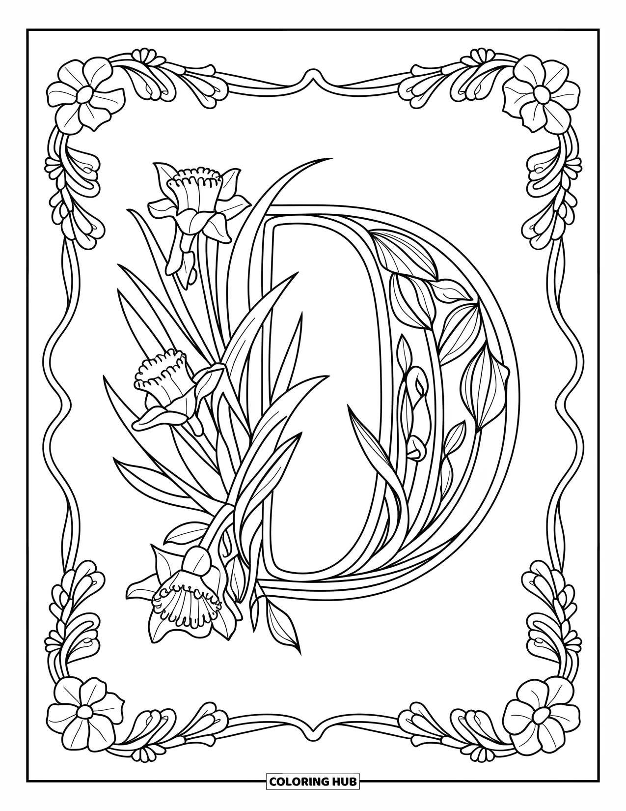Letter D Coloring Page for Adults: Ivy, daffodils, and curls weave around the decorative letter D