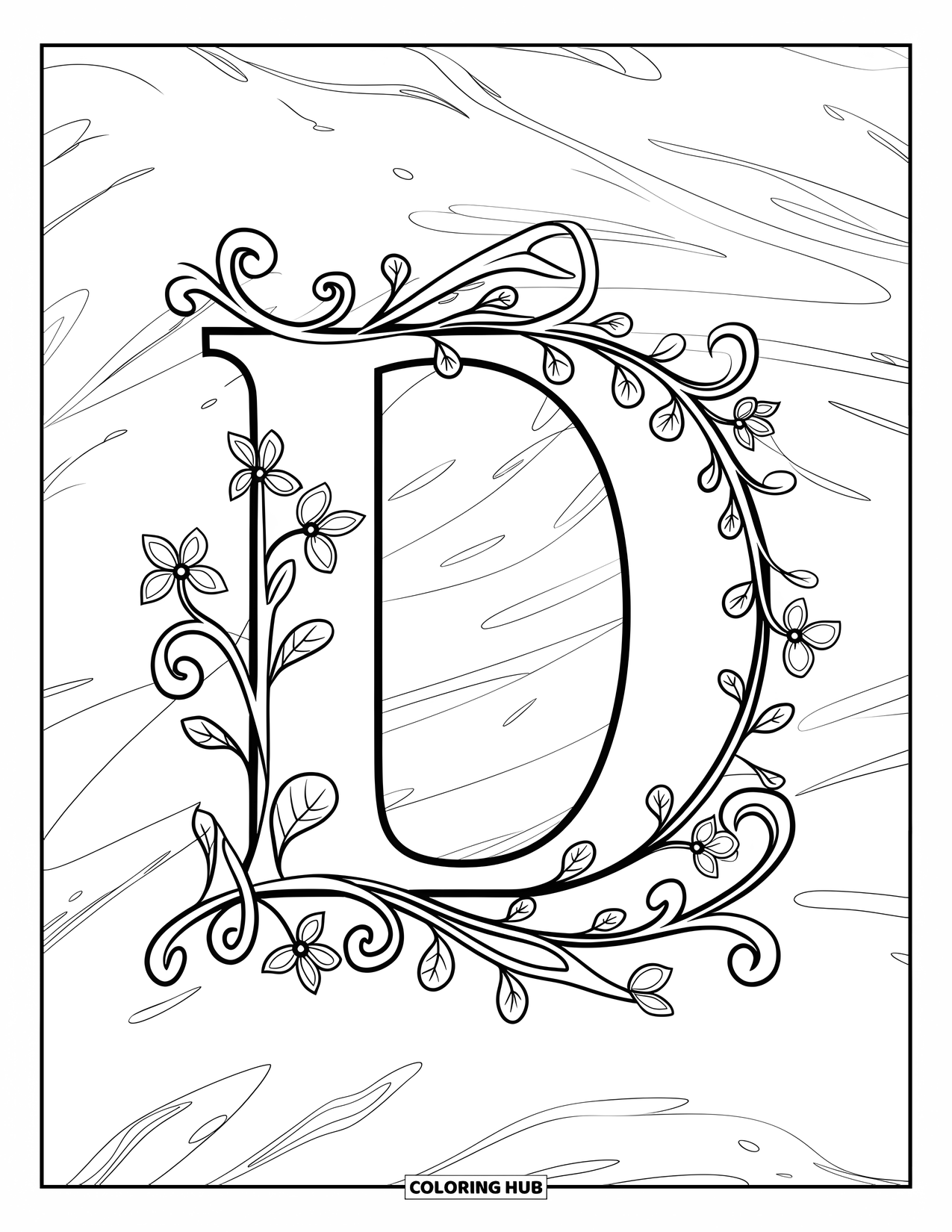 Letter D Coloring Page for Adults: Trailing vines and floral swirls decorate a bold D in the center