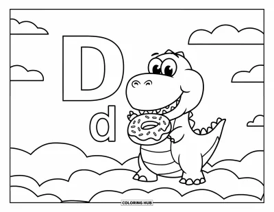 Omalovánka písmene D pro děti: Dinosaurus s širokým úsměvem jí donuty pod oblohou s nadýchanými mraky