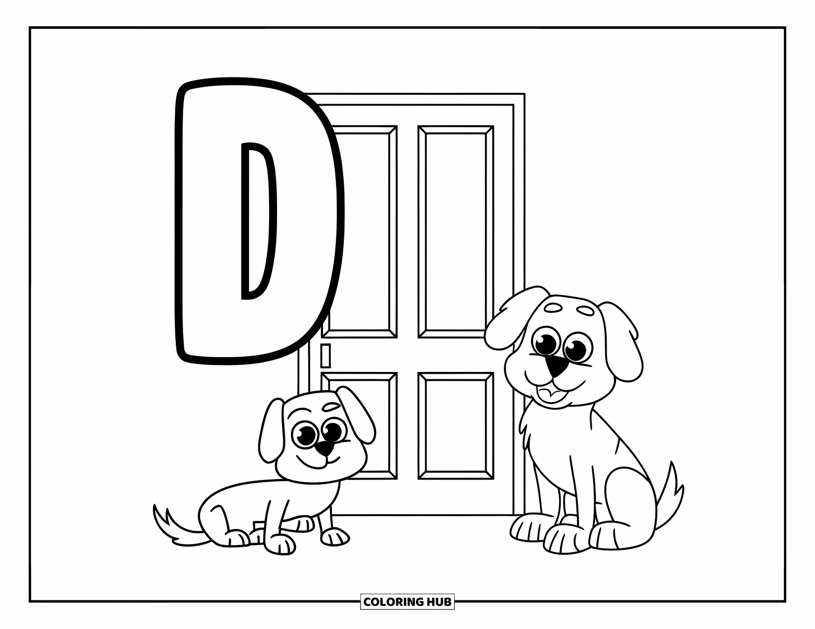 Letter D Coloring Page for Kids: A dog rests beside the letters D and d near a front door