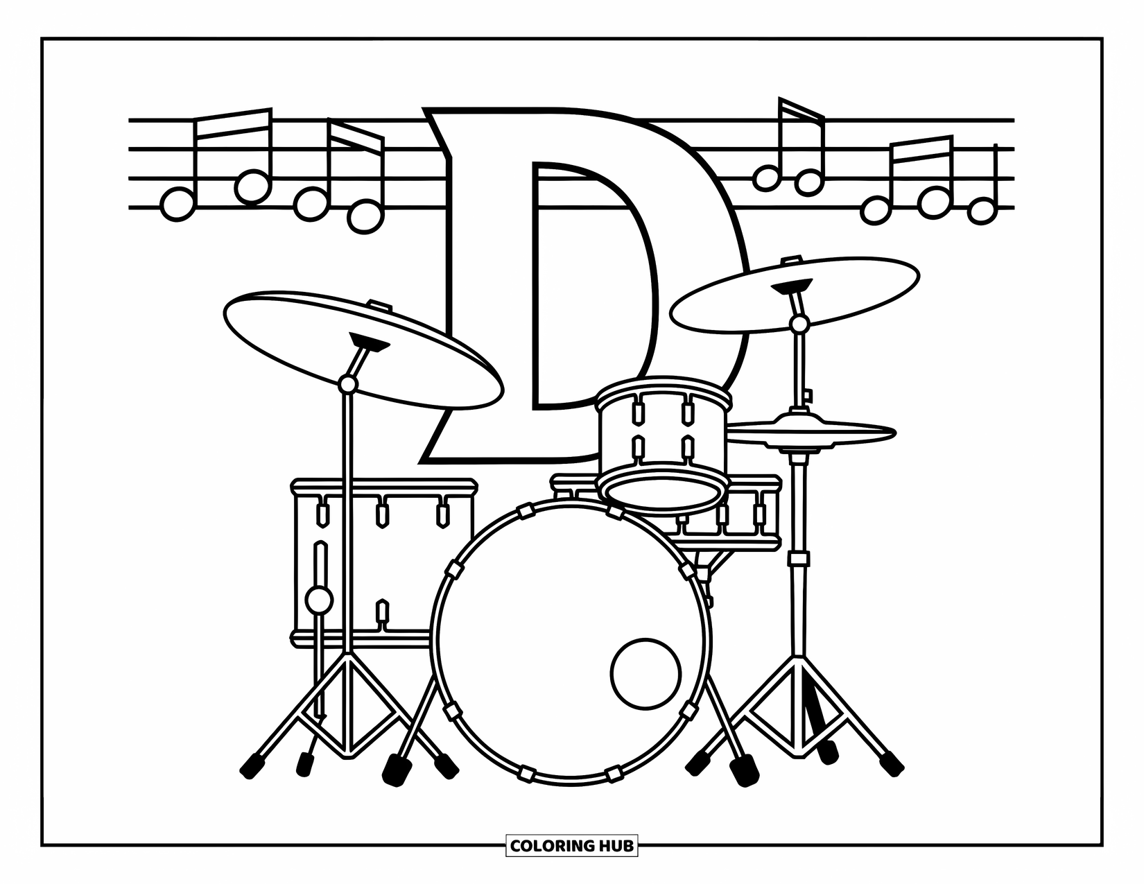 Letter D Coloring Page for Kids: A drum set sits behind the letter D with music notes above