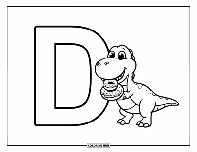 Omalovánka písmene D pro děti: Veselý dinosaurus jí donuty vedle velkého D a malého d