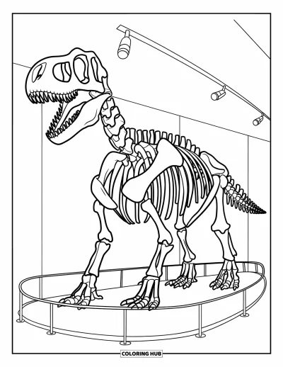Omalovánka písmene D pro děti: Muzeum vystavuje obrovskou kostru dinosaura obklopenou světly a lany