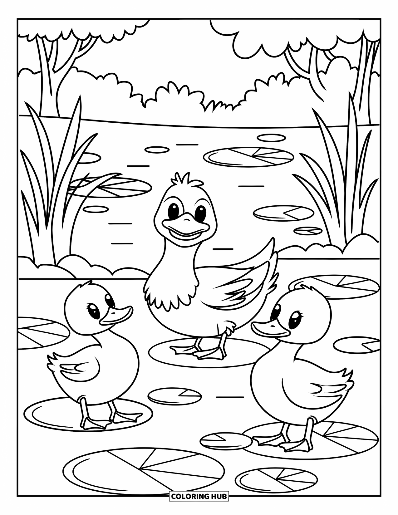 Letter D Coloring Page for Kids: A pond scene shows a duck family waddling near reeds and trees