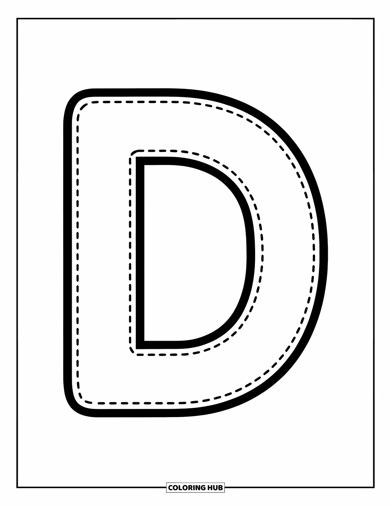 Letter D Coloring Page for Kids: A simple dotted D is ready to help little learners practice writing