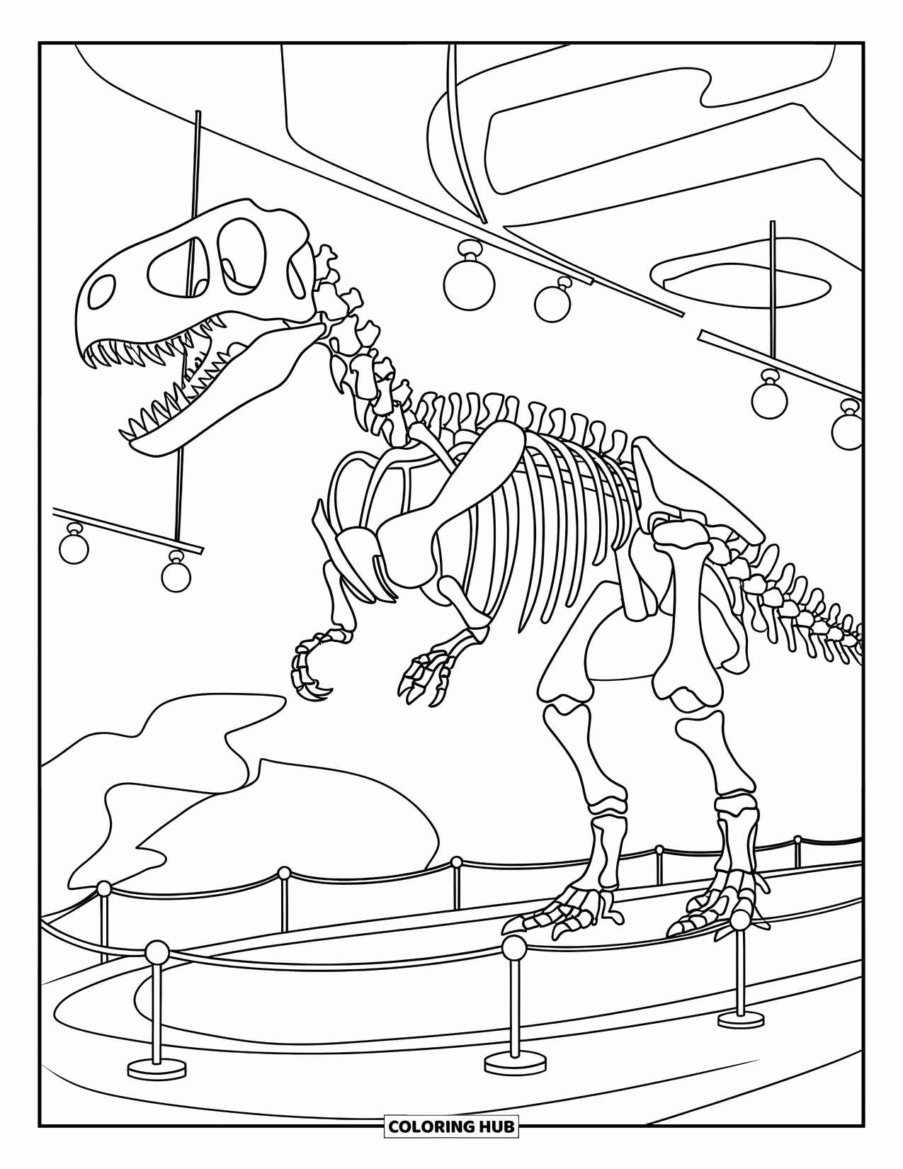 Letter D Coloring Page for Kids: A tall dino skeleton takes center stage at a lively museum
