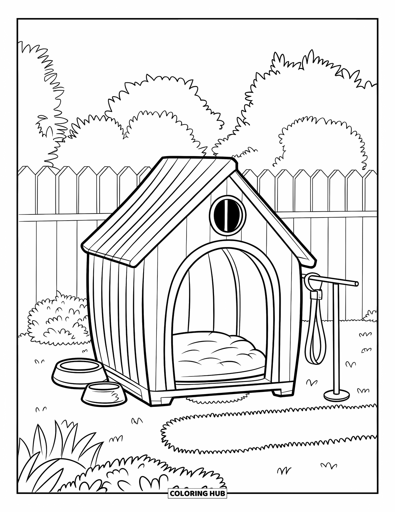 Letter D Coloring Page for Kids: A wooden dog house with a comfy cushion sits in a peaceful yard