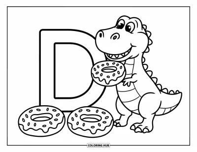 Omalovánka písmene D pro děti: Velké D a malé d stojí vedle dinosaura milujícího donuty