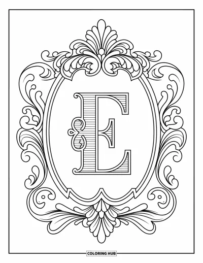 Coloriage de la lettre E pour adultes : Un cadre baroque entoure un E décoratif avec des volutes tourbillonnantes
