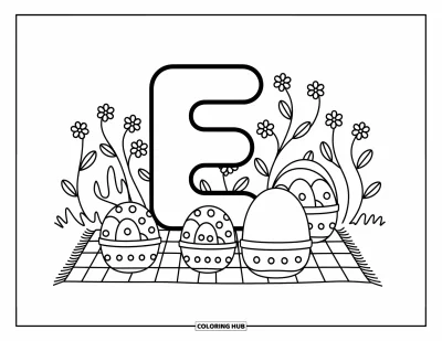 Coloriage de la lettre E pour adultes : Un grand E kawaii est assis sur une couverture de pique-nique entourée de paniers d'œufs et de fleurs ondulantes