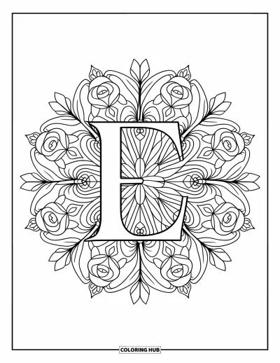 Coloriage de la lettre E pour adultes : Un mandala floral de roses et de feuilles encadre une gracieuse lettre E