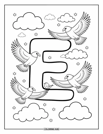 Coloriage de la lettre E pour adultes : Un grand E flotte dans les nuages avec des aigles planant et des oiseaux perchés sur ses courbes