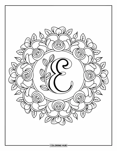 Coloriage de la lettre E pour adultes : Un élégant E est placé dans un mandala garni de roses et de vignes feuillues