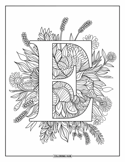 Coloriage de la lettre E pour adultes : Un mandala floral et feuillu entoure un E vintage dans un style très détaillé