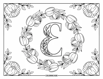 Coloriage de la lettre E pour adultes : Un E stylisé repose dans une couronne de pivoines et de feuilles délicates