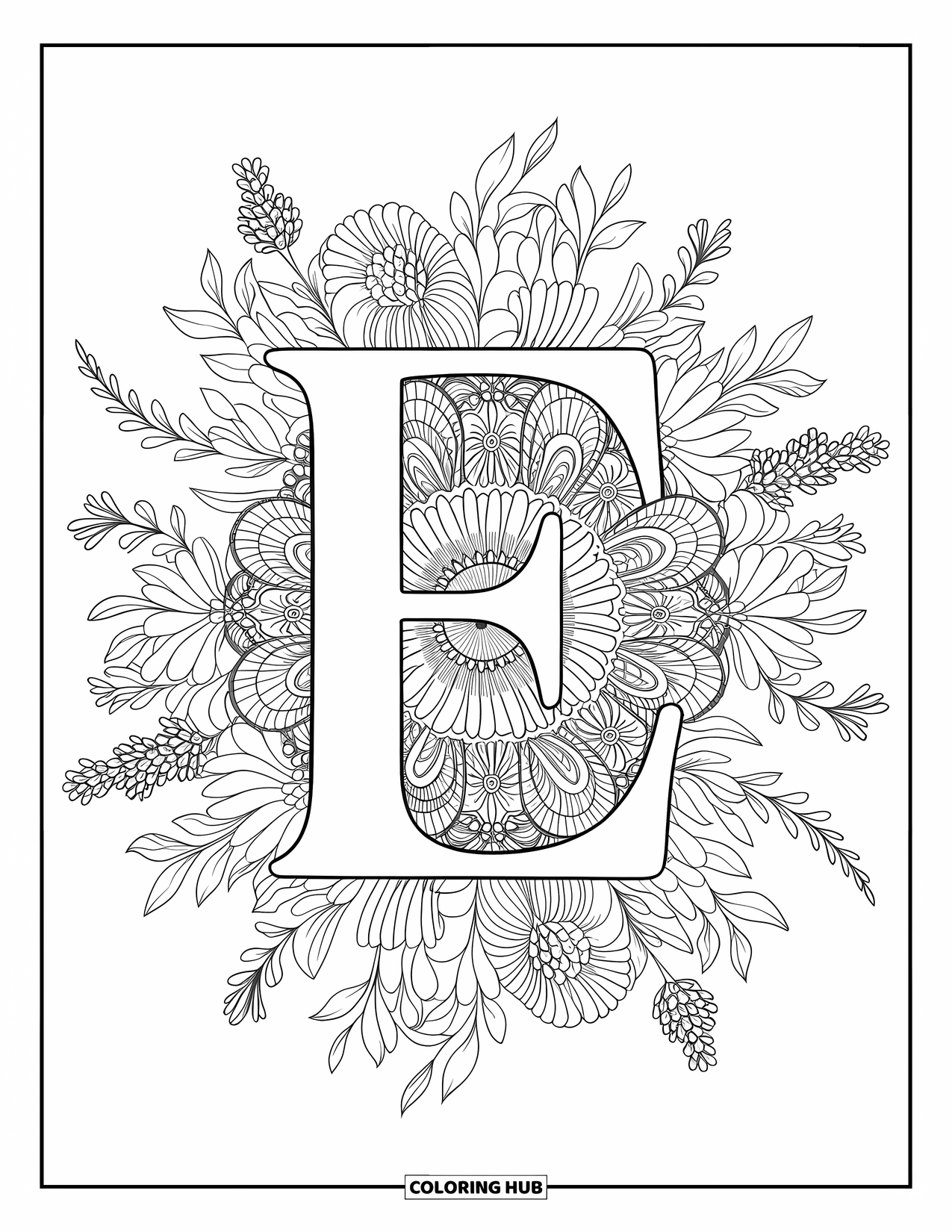 Letter E Coloring Page for Adults: A vintage E is centered in a mandala made of eucalyptus, lavender, and daisies