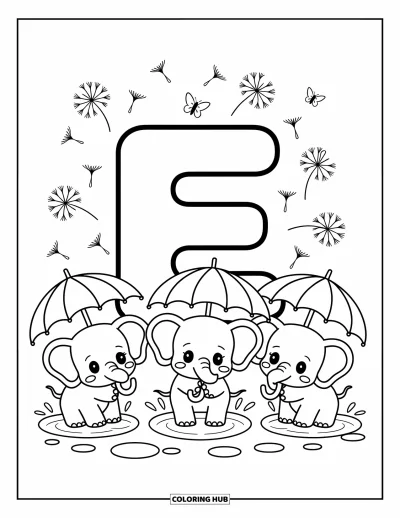 Coloriage de la lettre E pour adultes : De charmants éléphants tenant des parapluies s'éclaboussent près du E tandis que des papillons et des pissenlits flottent alentour