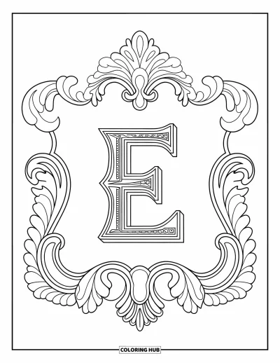 Coloriage de la lettre E pour adultes : Un E richement orné est encadré dans un décor baroque aux arabesques et feuillages
