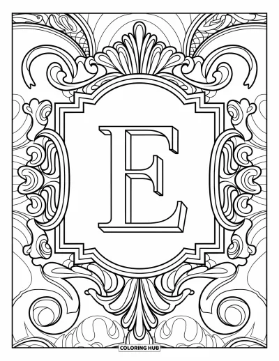 Coloriage de la lettre E pour adultes : Un E imposant est inscrit dans un cadre baroque détaillé rempli de volutes et d'acanthe