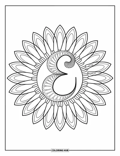 Coloriage de la lettre E pour adultes : Le E flotte au centre d'un mandala de tournesols aux pétales rayonnants