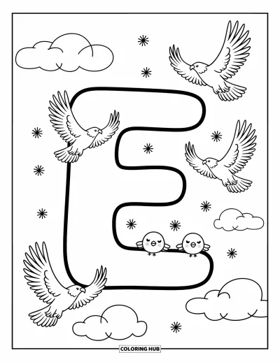 Coloriage de la lettre E pour adultes : Le E flotte paisiblement parmi des nuages, des oiseaux, des plumes et de majestueux aigles en vol