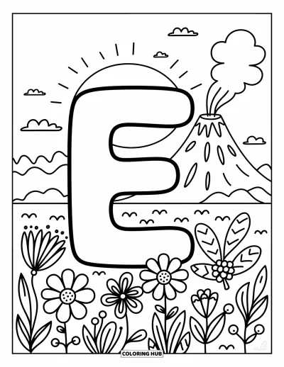 Coloriage de la lettre E pour adultes : Le E brille au crépuscule près d'un volcan fumant, de jolies fleurs et d'avions explorateurs