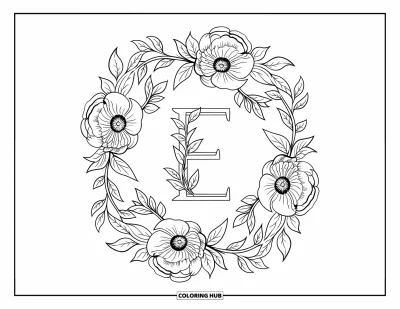 Coloriage de la lettre E pour adultes : Le E est encadré par une couronne florale de pivoines et de petites feuilles