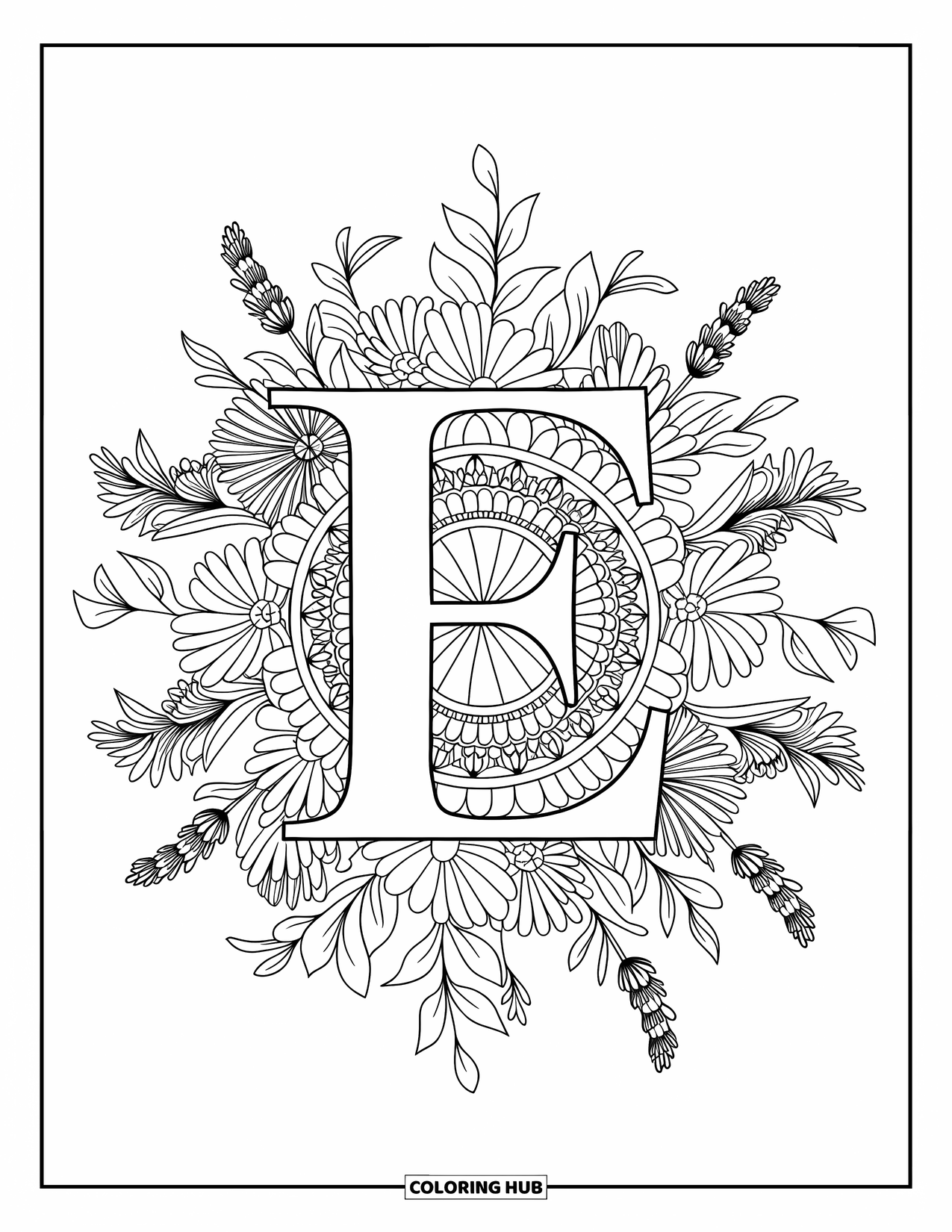 Letter E Coloring Page for Adults: E is surrounded by a botanical mandala of daisies, lavender, and eucalyptus