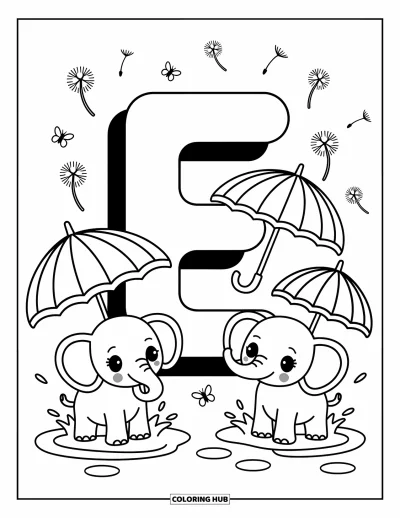 Coloriage de la lettre E pour adultes : Le E est entouré d'éléphants aux parapluies, de flaques d'eau et de pelotes de pissenlit flottantes