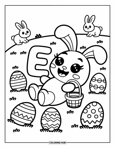 Coloriage de la lettre E pour adultes : Le E est au cœur d'une chasse aux œufs de Pâques avec des œufs décorés, des lapins et un petit panier