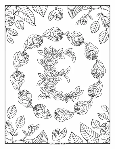 Coloriage de la lettre E pour adultes : Le E repose dans un mandala circulaire rempli de roses et d'accents de feuillage