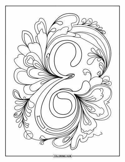 Coloriage de la lettre E pour adultes : Le E repose au milieu d'élégants motifs paisley et de fleurs délicates