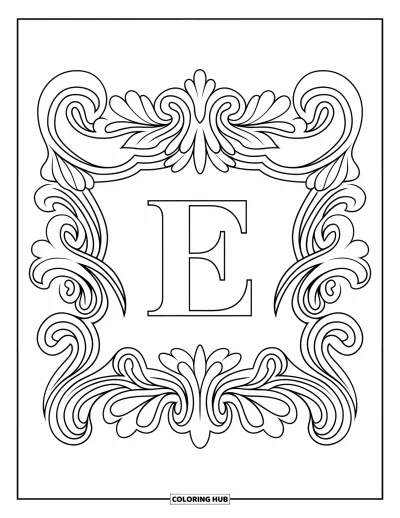Coloriage de la lettre E pour adultes : Le E repose dans un cadre baroque orné de feuilles bouclées et de volutes