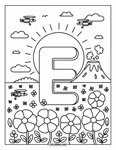 Coloriage de la lettre E pour adultes : Le E s'élève près d'un volcan avec des avions explorateurs au-dessus et des fleurs exotiques en dessous