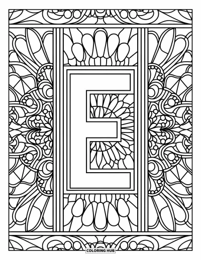 Coloriage de la lettre E pour adultes : Le E rayonne au centre d'un vitrail symétrique aux motifs de soleil