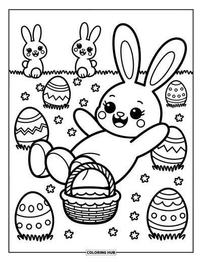 Coloriage de la lettre E pour adultes : Le E est assis parmi de joyeux œufs avec deux lapins qui sautillent et un petit panier tout près