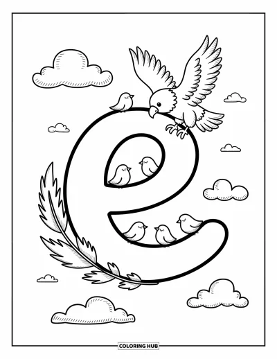 Coloriage de la lettre E pour adultes : Flottant parmi les nuages, le e accueille de petits oiseaux tandis qu'un aigle plane à proximité