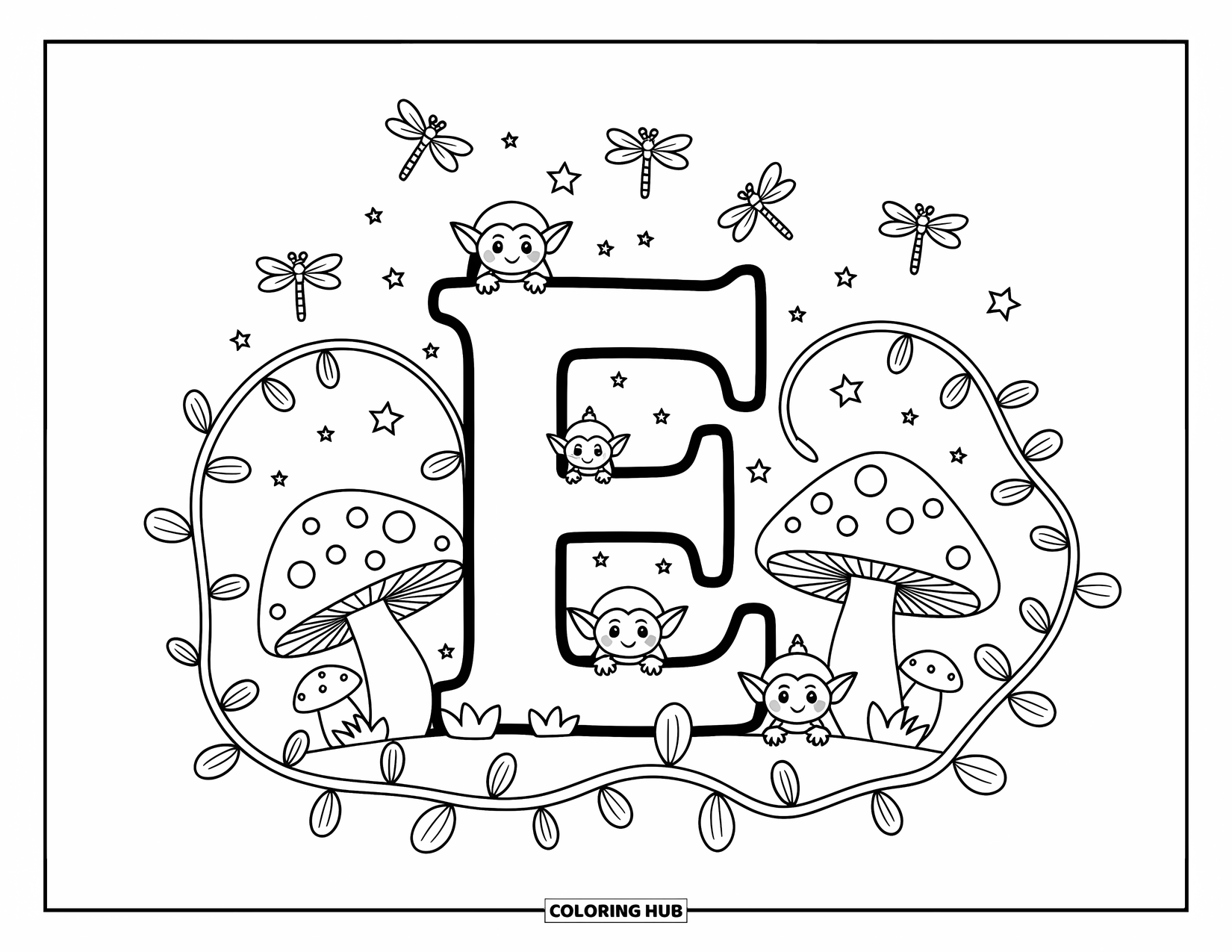 Letter E Coloring Page for Adults: Kawaii elves and glowing fireflies gather near E in a cozy forest scene