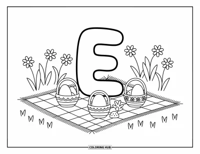 Coloriage de la lettre E pour adultes : La lettre E profite d'un pique-nique bucolique avec des œufs, des paniers et des fleurs qui se balancent