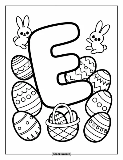 Coloriage de la lettre E pour adultes : La lettre E participe à une joyeuse chasse aux œufs avec des lapins, des œufs décorés et un panier chaleureux