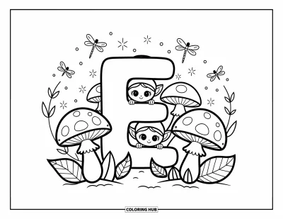 Coloriage de la lettre E pour adultes : Des elfes féeriques sortent des champignons tandis que des lucioles dansent autour de la lettre E dans une forêt