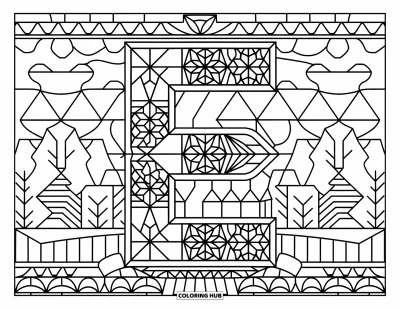 Coloriage de la lettre E pour adultes : Un E moderne est inscrit dans un vitrail aux motifs floraux, en losanges et en étoiles