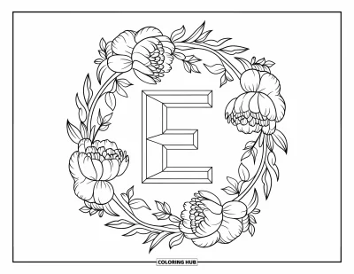 Coloriage de la lettre E pour adultes : Des pivoines et de petites feuilles forment une couronne autour de la lettre E