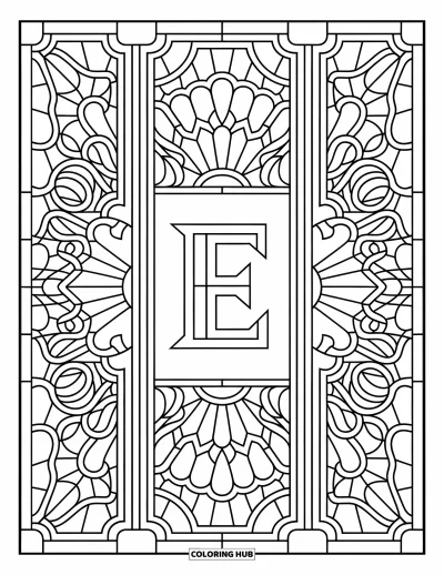 Coloriage de la lettre E pour adultes : Des formes de vitrail en vignes et rayons de soleil enveloppent un E majuscule