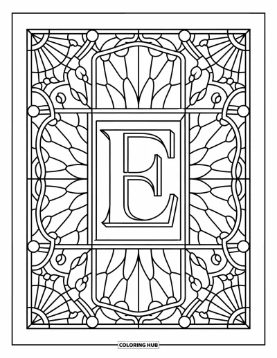 Coloriage de la lettre E pour adultes : Des panneaux de rayons de soleil et de vignes encadrent un E imposant dans un style vitrail